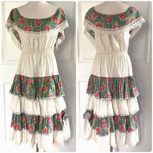 Vintage Young Edwardian by Arpeja Ivory Floral Lace Detail Ruffled Maxi Dress M